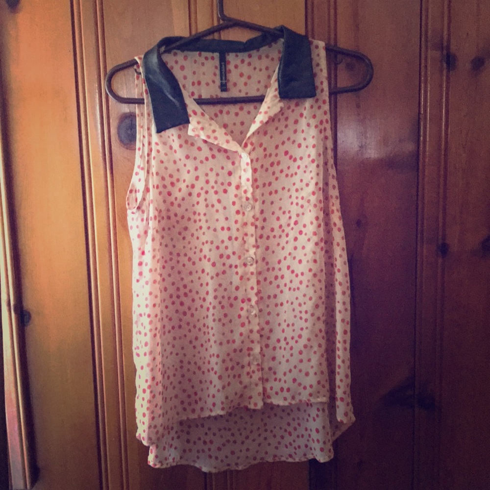 Polka dot blouse with faux leather collar